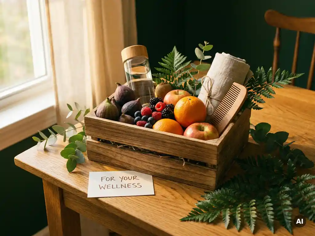 Gezonde cadeaumand met vers fruit, waterfles en wellnessaccessoires op eiken tafel, omringd door groene bladeren en handgeschreven kaart.