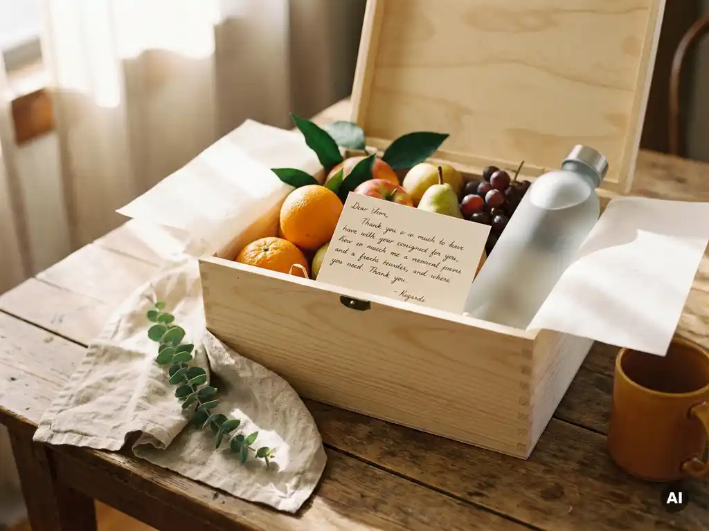 Wellness cadeaudoos met vers fruit, drinkfles en handgeschreven kaartje op houten tafel met eucalyptustak.